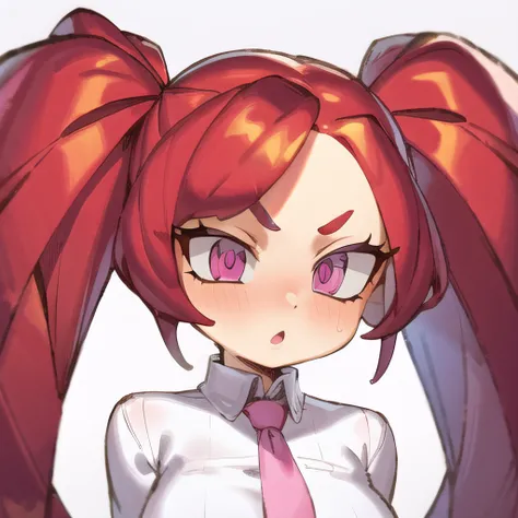 1girl, portrait, la brava, twintails, red hair, pink eyes, big eyes, wide-eyed, medium breasts, white shirt, pink necktie,
