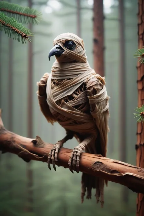 photo of a mummified bird on a pine tree branch in the forest , masterpiece, bokeh, natural geographics <lora:mummified_sdxl:0.8>