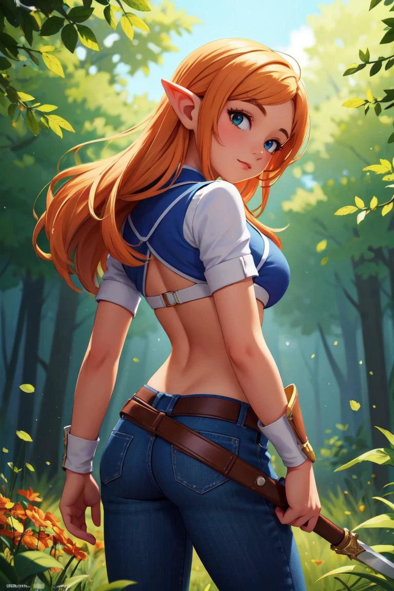 (masterpiece, top quality, best quality, official art, beautiful and aesthetic:1.2), (volumetric lighting), 1girl, solo, elf, warrior with melee weapon, standing, from behind, cowboy shot, looking back, nice hands, perfect hands, autumn forest, fantasy, sunny day, outdoors, nature, falling leaves , <lora:ButtCrack:1>, BREAK (masterpiece:1.2), best quality, high resolution, unity 8k wallpaper, (illustration:0.8), extremely detailed face, perfect lighting, extremely detailed CG, (perfect hands, perfect anatomy), (masterpiece, best_quality, ultra-detailed, immaculate:1.3), epic, illustration, render, <lora:GoodHands-vanilla:1.2>, <lora:colorize:1>,