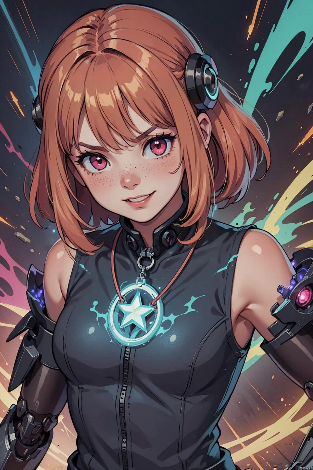 (masterpiece, top quality, best quality, official art, beautiful and aesthetic:1.2), (white outlines:1.2), <lora:detail_slider_v4:0.6>, <lora:colorize:0.5>,
<lora:GoodHands-beta2:0.8>,
1 girl, adult (elven:0.7) woman, freckles, pink eyes, copper drill hair, ombre,
(style-swirlmagic:0.8), solo, half shot, looking at viewer, detailed background, detailed face, (<lora:AntimatterTech-20:0.5>, antitech, antimatter theme:1.1), techno-necromancer, evil smile, menacing presence, dark blue tattered mage vest, glowing cursed pendant, sci-fi goggles, (sickly green color scheme:1.1), cybernetic tendrils, , whirring of mechanical souls, channeling machine spirit, sinister ambience, dark ethereal atmosphere,