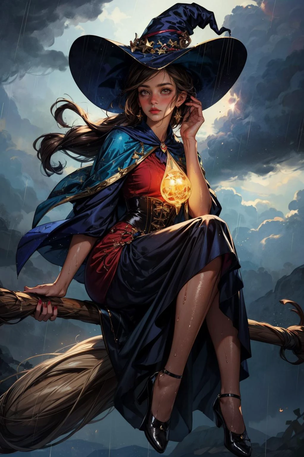 <lora:add_detail:0.8>, <lora:colorize:0.4> <lora:make25d_type1_v100:0.5>,
<lora:GoodHands-beta2:0.8>,
1 girl, adult polish woman, brown eyes, light brown wedge cut hair,
(style-swirlmagic:0.8), portrait, looking away, solo, upper body, detailed background, witch hat, witch, (glowing eyes:1.1), hair flowing in the wind, red trimmed light colored clothes, (full body:1.3), (sitting on flying broomstick:1.2), (cloudy sky in background:1.1), colorful swirling elemental weaves in the air, dim light, rain, wet, drenched, magical atmosphere,