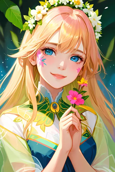 Portrait 1girl, flowers around, sharp focus, facepaint, gold pink green color scheme, blue eyes, symmetry, digital painting, <lora:colorize:0.8>, art by greg rutkowski and alphonse mucha, smiling, beautiful, goddess,