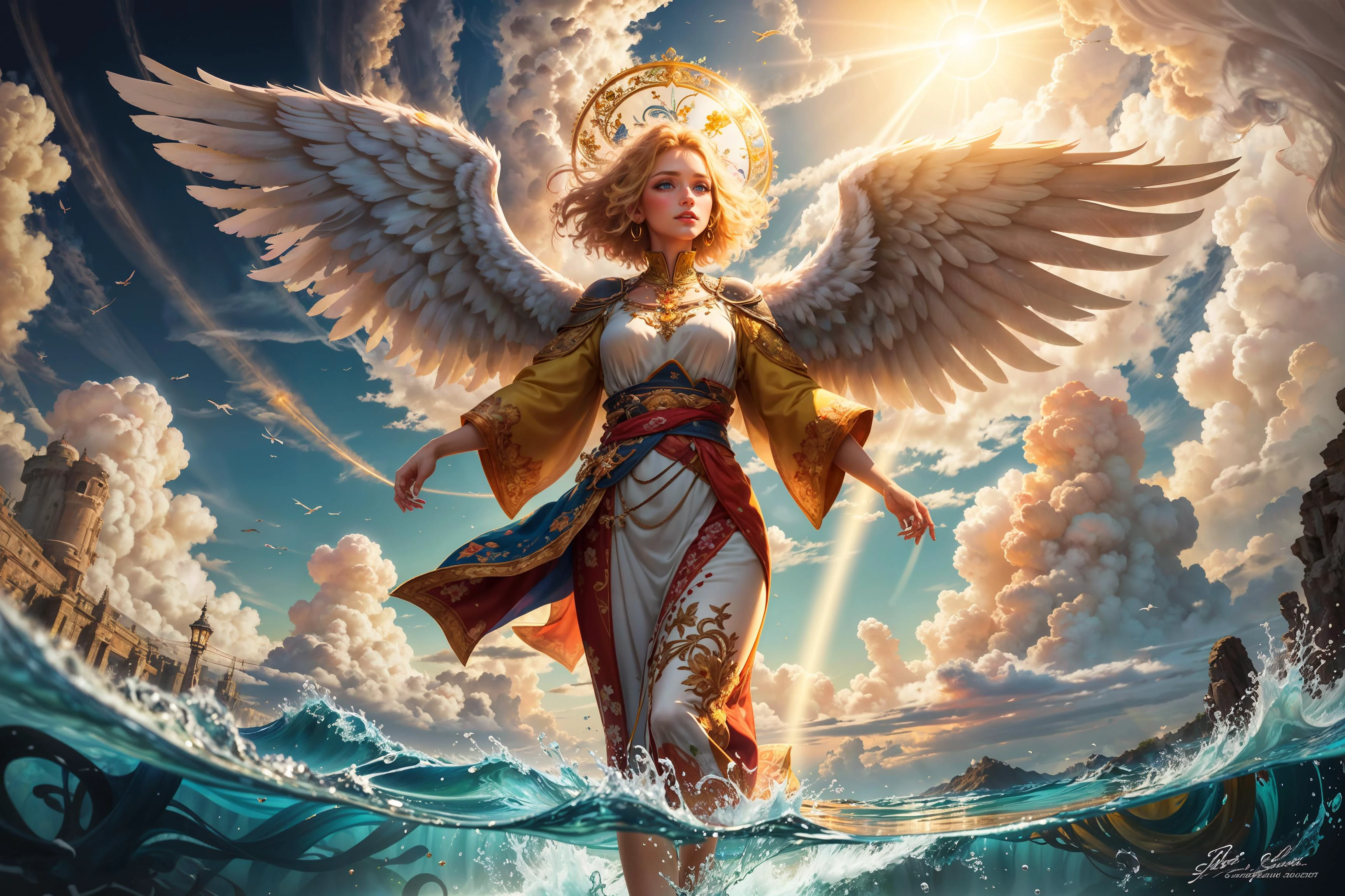 (best quality, masterpiece, ultra-detailed, high resolution:1.2), oil painting, high quality artwork, woman, (female angel:1.1), angel wings, large feather wings, short blonde hair, walking over water, transfiguration, sun rays, god rays, clouds, ocean, blue sky, everyday life in the cloud kingdom <lora:tools/colorize> <lora:tools/epiNoiseoffset_v2>