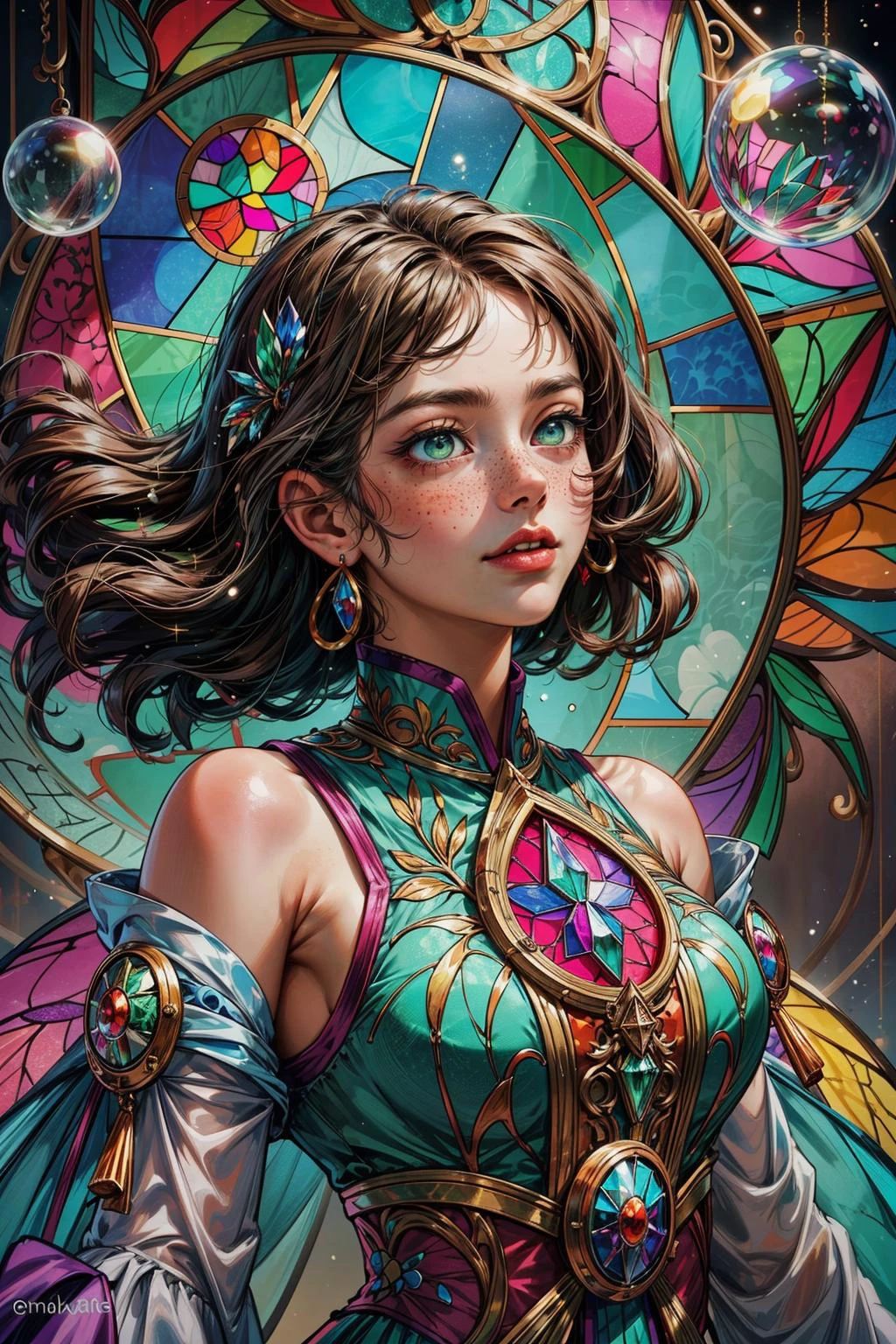 <lora:add_detail:0.8>, <lora:colorize:0.4> <lora:make25d_type1_v100:0.5>,
<lora:GoodHands-beta2:0.8>,
1 girl, adult (elven:0.7) woman, freckles, green eyes, medium brown drill hair,
(style-swirlmagic:0.8), portrait, solo, upper body, looking up, detailed background, detailed face, (<lora:DecorationBundlev2:0.6>, stainedglassai, stained glass theme:1.1), bubble-wizard, joyful, walking, colorful mage robes, surrounded by magical bubbles, rainbow, floating orbs, whirling vortex, floating sparkling particles, foam, transclucent, harmonious, ethereal aura, bubbles in background, intricate patterns, bright lighting, jovial magical atmosphere,