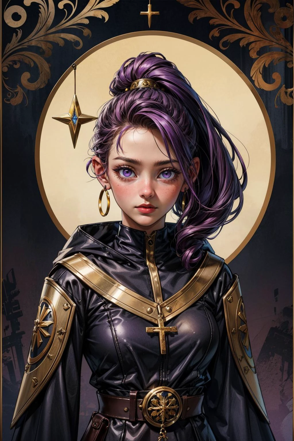 <lora:add_detail:0.8>, <lora:colorize:0.4> <lora:make25d_type1_v100:0.5>,
<lora:GoodHands-beta2:0.8>,
1 girl, adult (elven:0.7) woman, purple eyes, yellow ponytail,
portrait, looking at viewer, solo, upper body, detailed background, detailed face, (grand decorative religious style, purple colors, orthodox christian inspired, neo-byzantine theme:1.1), , saboteur, (studded:0.7) dark leather (armor:0.7), belts, lockpick, hooded, small leather pouch, knives, secret passage background, sneaky, , agile, contraband in background midnight, grunge atmosphere,