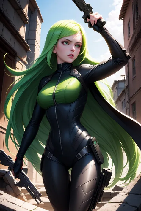 (1girl), cinematic lightning, comic cover, (green long hair), (wearing black widow suit : 1.2), cute, beautiful, (holding weapon : 1.1), (greg rutkowski : 1.3), big eyes, agent, (masterpiece, top quality, best quality, official art, beautiful and aesthetic:1.2), <lora:colorize:0.9>, shaded face,