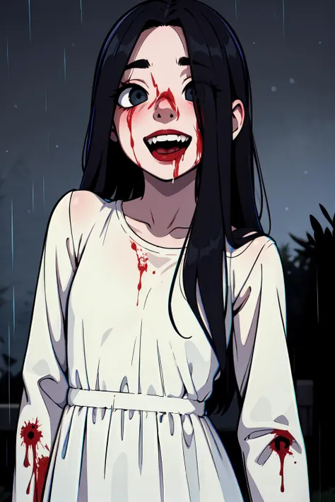 (masterpiece, best quality), 1girl, looking at viewer, standing, upper body, Sadako, white dress, laughing, blood on clothes, silver eyes, long hair, black hair, hair over one eye, pale skin <lora:Character_Dead.by.Daylight_The.Onryo:0.7>, outdoors, horror \(theme\), night, raining, <lora:Function_Colorize.Slider:0.4>