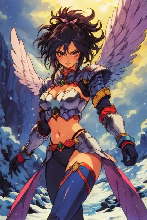 (masterpiece, best quality:1.2),<lora:Sheena_Fujibayashi:0.8> sheena fujibayashi, black hair, ponytail, brown eyes, medium breasts, retro anime BREAK <lora:AngelicWarriors_v1:0.4> valkyrie, valkyrie armor, wings, angel wings, winged headgear, midriff, chest armor, thick thighs, soft lighting, bold outlines, nordic fjord, snow <lora:add_detail:0.5> <lora:colorize:0.3> <lora:Retro_Anime-000002:0.5>