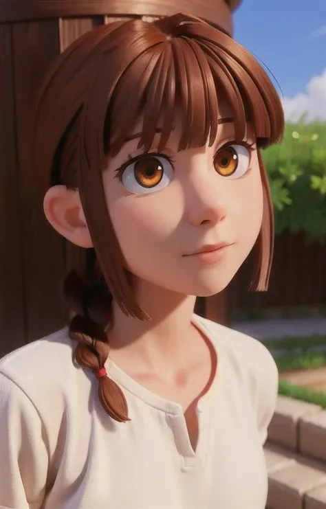 (masterpiece, best quality:1.2, realism), 1girl, <lora:makima_offset:1> makima \(chainsaw man\), (brown hair, braided hair, brown eyes, bangs), ringed eyes, see-through, (small breasts),((white t-shirt)), ((realistic face)), stares at the viewer,  <lora:colorify:1>, up close