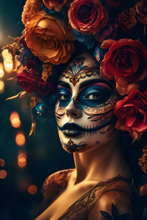 "Timeless Beauty": An image showcasing Catrina La Muerte as a timeless symbol, with a blend of traditional and contemporary elements, emphasizing her enduring allure and relevance in Mexican culture, Surrealism, color field printing, high detail, UHD, 8k, anatomically correct, cinematic lighting 4d quality --auto --s2