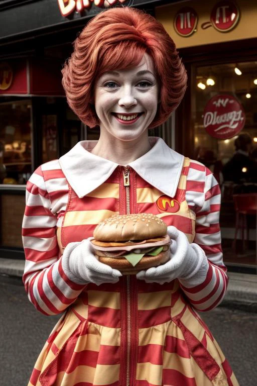 1girl, beautiful, a portrait of cute ronaldmcdonald in front of giant burger and fries, red hair, yellow gloves, yellow dress, smile, happy, dim light, realistic, horror \(theme\), look at viewer, <lora:ARWRonaldMcdonald:1> <lora:epi_noiseoffset2:0.4> <lora:hipoly_3dcg_v7-epoch:0.4>