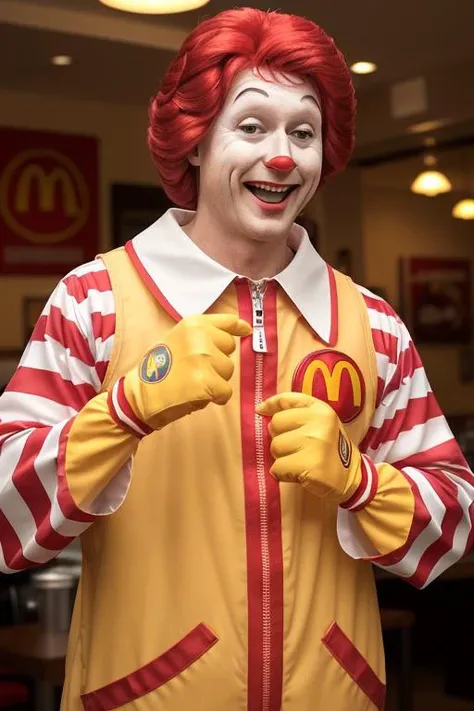 1man, muscular ronaldmcdonald in front of giant burger and fries, yellow gloves, smile, happy, dim light, realistic, horror \(theme\), look at viewer, <lora:ARWRonaldMcdonald:1>