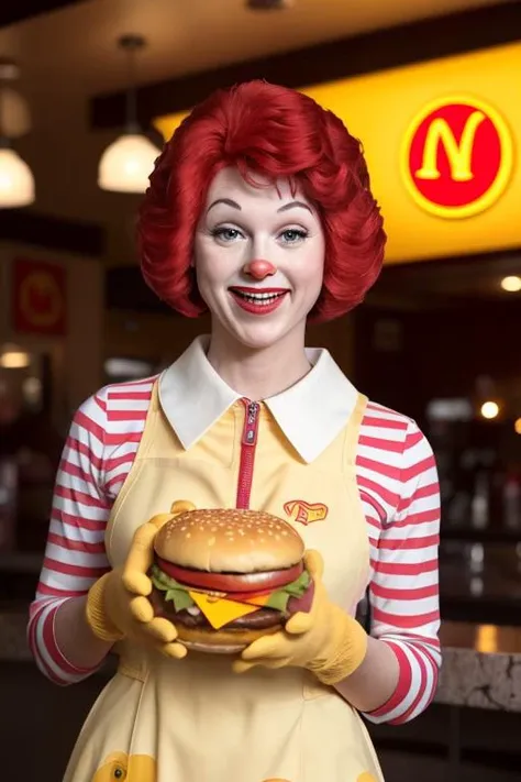 1girl, beautiful, a portrait of cute ronaldmcdonald in front of giant burger and fries, red hair, yellow gloves, yellow dress, smile, happy, dim light, realistic, horror \(theme\), look at viewer, <lora:ARWRonaldMcdonald:1> <lora:epi_noiseoffset2:0.4> <lora:hipoly_3dcg_v7-epoch:0.4>