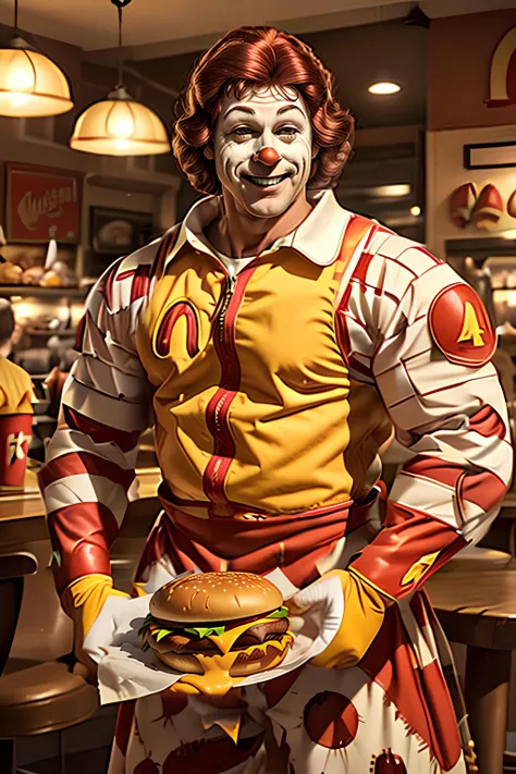 1man, knight of muscular ronaldmcdonald in front of giant burger and fries, yellow gloves, smile, happy, dim light, realistic, horror \(theme\), look at viewer, <lora:ARWRonaldMcdonald:1> <lora:BulkedUpAIR1.5:0.5>