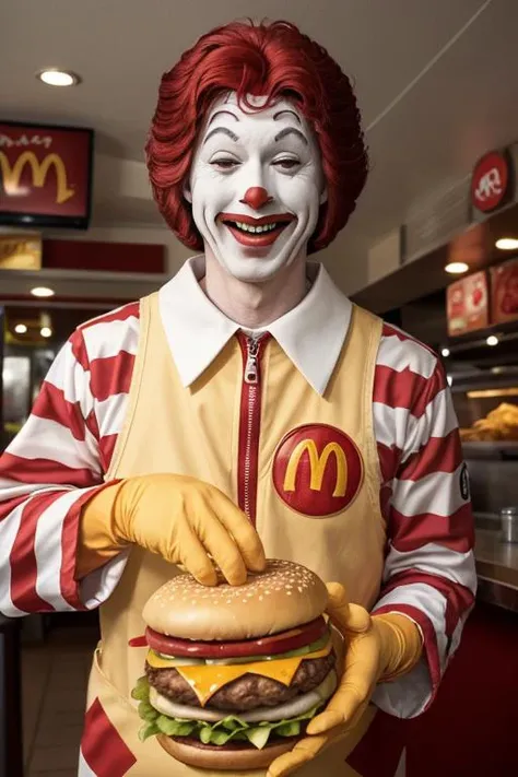 1man, a portrait of ronaldmcdonald in front of giant burger and fries, yellow gloves, smile, happy, dim light, realistic, horror \(theme\), look at viewer, <lora:ARWRonaldMcdonald:1> <lora:epi_noiseoffset2:1>