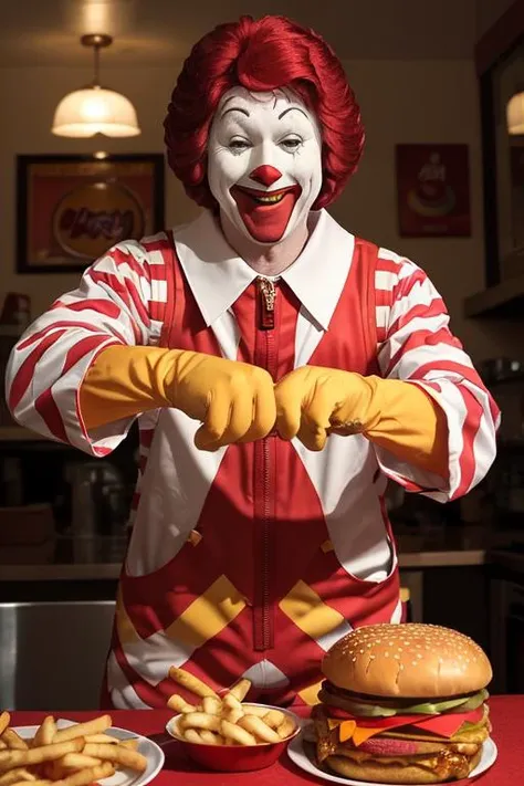 1man, a portrait of ronaldmcdonald in front of giant burger and fries, yellow gloves, smile, happy, dim light, realistic, horror \(theme\), look at viewer, <lora:ARWRonaldMcdonald:1> <lora:epi_noiseoffset2:1>