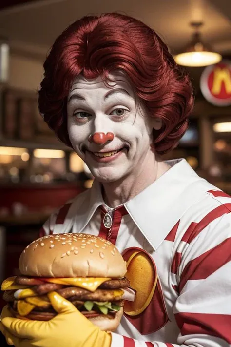 1man, a portrait of ronaldmcdonald in front of giant burger and fries, clown, yellow gloves, smile, happy, dim light, realistic, horror \(theme\), look at viewer, <lora:ARWRonaldMcdonald:1> <lora:epi_noiseoffset2:1>