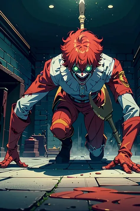 1boy, ronald mcdonald, mcdonald restaraunt, (PixelArt:1), (glowing green eyes, bloody uniform, holding axe, creepy pose, hunched over , running clownmakeup, red afro, stained gloves), looking at viewer, creepy smile, :D, from below, bloody axe,
(detailed landscape, rundown restaurant, food on floors, depressing:1.2), (background:1), (dynamic_angle:1.2), (dynamic_pose:1.2), (rule of third_composition:1.3), (dynamic_perspective:1.2), (dynamic_Line_of_action:1.2), solo, wide shot,
(masterpiece:1.2), (best quality, highest quality), (ultra detailed), (8k, 4k, intricate),(full-body-shot:1), (Cowboy-shot:1.2), (50mm), (highly detailed:1.2),(detailed face:1.2), detailed_eyes,(gradients),(ambient light:1.3),(cinematic composition:1.3),(HDR:1),Accent Lighting,extremely detailed,original, highres,(perfect_anatomy:1.2),
<lora:CspPixelArt_Style-20:1>