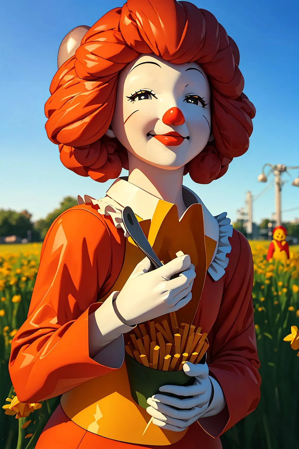 1man, solo, 3d of kaws, soft color, ornament, floral, details, artistic, softfocus, ronaldmcdonald, ronald mcdonald, in a field of french fries, X shaped eyes, <lora:ARWKaws:1>
