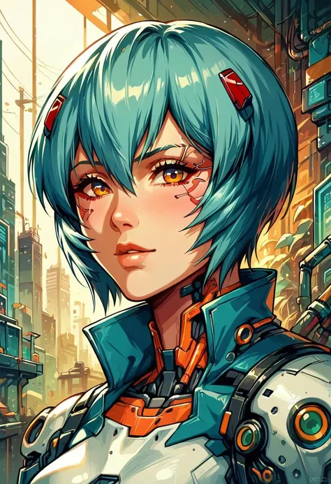 score_9_up score_8_up score_7_up, best quality, masterpiece, looking at viewer, portrait, ayanami rei, <lora:Neon_Splash_Art_for_Pony:0.7>, mad-cbrpnksplshrt, emotionless, cyberpunk