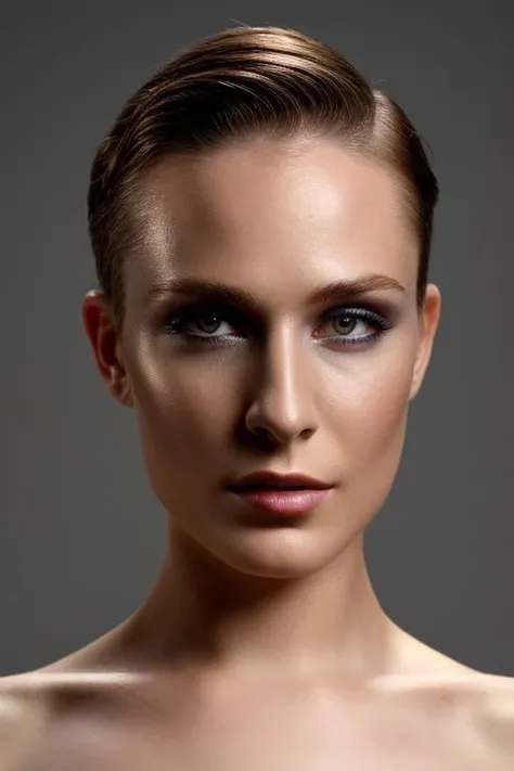 full color portrait of woman, (nude:1.0), (oiled shiny skin:1.0), (face focus:1.0), close up, (slick_undercut_hair:1.0),
masterpiece, best quality, sharp focus, highres 8k uhd, ultra-detailed, rim light, grey background,
 <lora:Rachel_W:0.8>