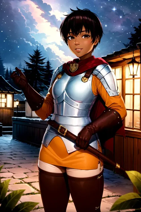 ((masterpiece,best quality, detailed)), outdoors, night, wide shot, forest, village, night sky, smile, standing, 1girl, solo, breastplate, brown gloves, thigh boots, shoulder armor, cape, pelvis curtain, casca \(berserk\), <lora:CascaV1:0.9>, dark skin