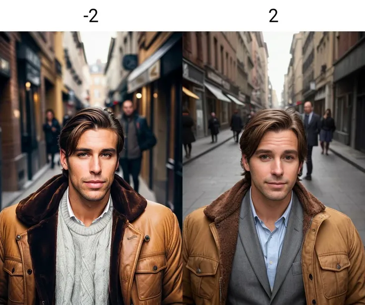 (portrait) of an handsome man, brown hair, jacket<lora:lips_slider_v1:-2> , street