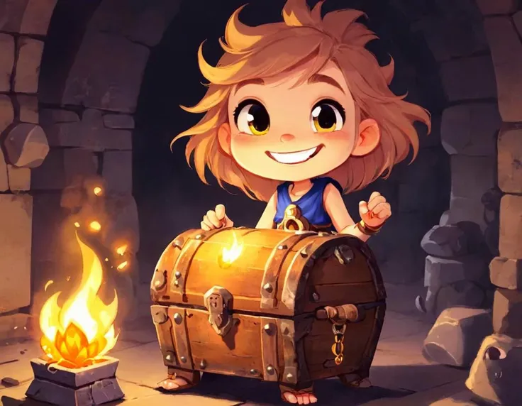 A adorable rpg girl in the dungerous dungeon with a smile on its face.,<lora:kids:1>,illustration,torch,treasure,chest,shadows,