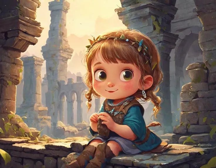 <lora:kids:1>,(illustration:1.2),adorable girl knigt in fantasy ruins, masterpiece