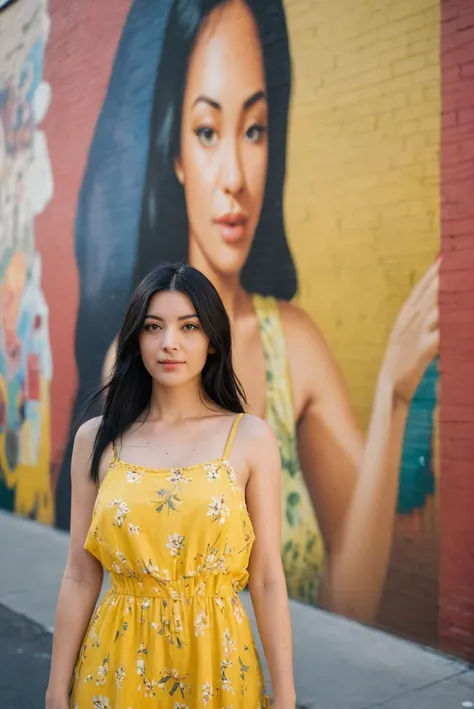 The woman in this photo has straight black hair and is wearing a yellow sundress. She is standing in front of a mural on a city street. The camera used was a Sony A7 III with a 35mm lens.