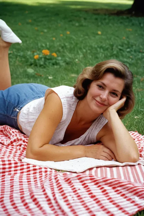 Jean Seberg at a picnic completely naked and smiling
