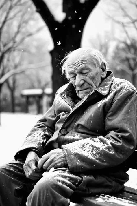 a black and white photo of a wrinkled old man, drunk on a park bench in winter, snowflakes falling all around him