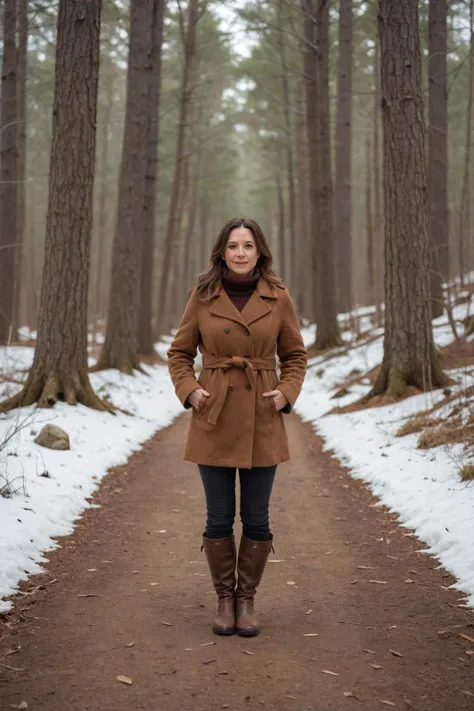 40yo woman, standing in the middle of a winding forest path in America, in Winter, wearing a brown outfit appropriate for the season.