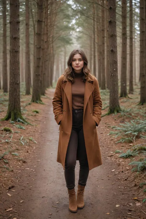 20yo woman, standing in the middle of a winding forest path in Europe, in Winter, wearing a brown outfit appropriate for the season.