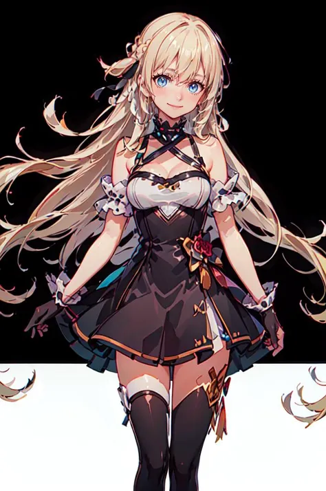 <lora:cococola_20231121193702:0.35> Electronic_dance_skirt, dress, bare shoulders, gloves, thighhighs, <lora:Marina_Lucce_Maxetto_OC_v2:0.7> smile, Marina_Lucce_Maxetto_OC, 1girl, solo, blonde, very long hair, french braid, hair ribbon,, ultra detailed, masterpiece, best quality, aesthetic, detailed,