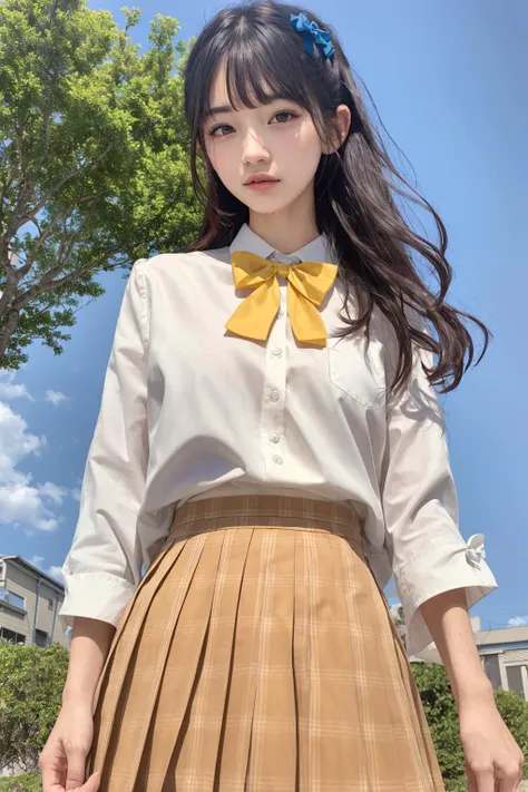 (8k, best quality, masterpiece:1.2), realistic, ultra highres, intricate details,
1girl,beautiful face, <lora:jk:0.7>,jk suit,white shirt,yellow bow, bowtie,yellow skirt,plaid skirt, pleated skirt,, upper body, standing, wide shot