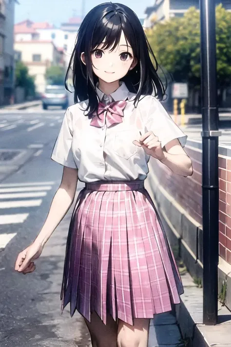 (masterpiece, top quality, best quality, official art, beautiful and aesthetic:1.2), 1girl, solo, black hair, smile, standing in street, outdoors,looking away, k suit,white shirt,pink bow, bowtie,pink skirt,plaid skirt, <lora:jk:0.75>, <lora:chinaDollLikeness_v10:0.3> ,<lora:shuimobysimV3:0.2>