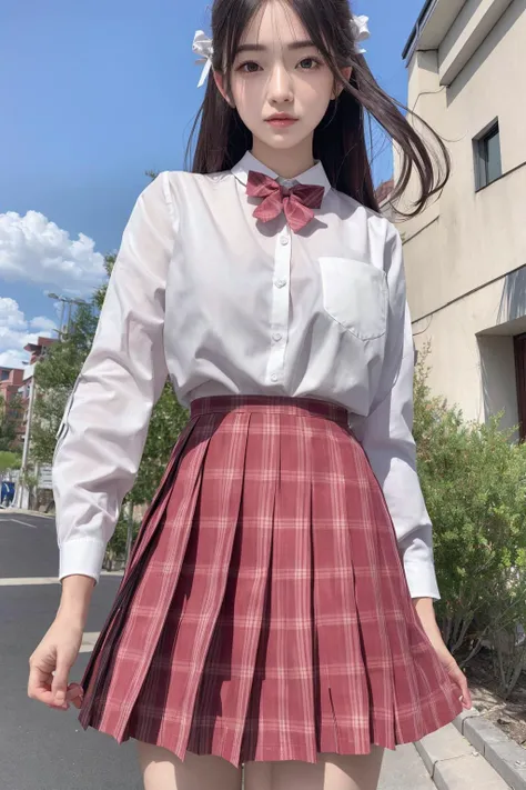 (8k, best quality, masterpiece:1.2), realistic, ultra highres, intricate details,
1girl,beautiful face, <lora:jk:0.8>,jk suit,white shirt,pink bow, bowtie,pink skirt,plaid skirt, pleated skirt,
