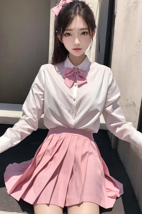 (8k, best quality, masterpiece:1.2), realistic, ultra highres, intricate details,
1girl,beautiful face, <lora:jk:0.8>,jk suit,white shirt,pink bow, bowtie,pink skirt,