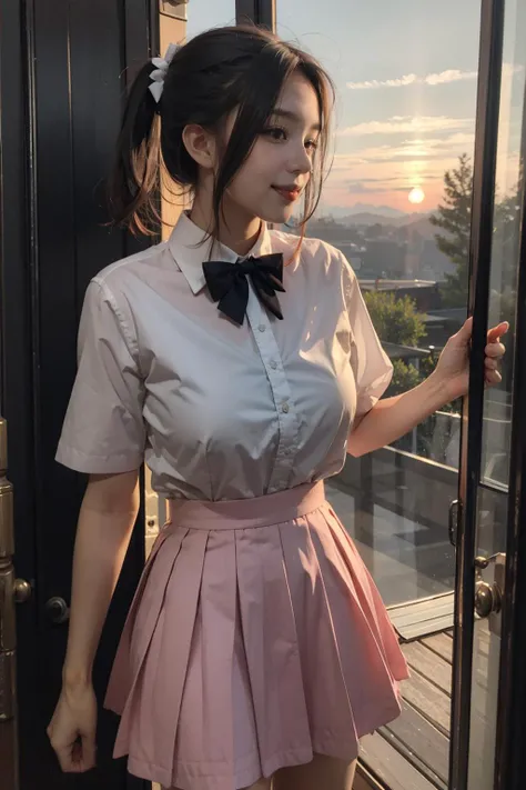 (dark scene, soft lighting, high saturated):1.4, vivid illumination, enchanting elegance, atmospheric depth, masterful technique, naturalistic representations, harmonious composition, creative refinement, striking juxtapositions,
1girl, 22 yo, laughing, jk suit,white shirt,pink bow, bowtie,pink skirt
,((sunset)),volumetric fog, outdoors,