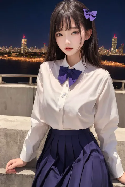 (8k, best quality, masterpiece:1.2), realistic, ultra highres, intricate details,
1girl, beautiful face, <lora:jk:0.7>,jk suit,white shirt,purple bow, bowtie,purple skirt,pleated skirt,cityscape, night,