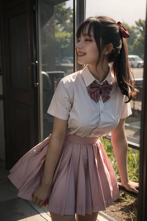 (dark scene, soft lighting, high saturated):1.4, vivid illumination, enchanting elegance, atmospheric depth, masterful technique, naturalistic representations, harmonious composition, creative refinement, striking juxtapositions,
1girl, 22 yo, laughing, jk suit,white shirt,pink bow, bowtie,pink skirt
,((sunset)),volumetric fog, outdoors,