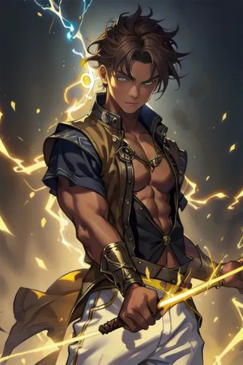 Disney, (masterpiece), oil painting, perfect face, expressive eyes, 1boy, handsome, holding a bullwhip thunder-weapon, yellow thunder vest, pectoral focus, white pants, knee-high boots,
fantasy, magic, mystical, dynamic pose, facing viewer, simple background, yellow magic, yellow thunder, yellow electricity,
<lora:skin_tone_slider_v1:4>, <lora:Concept - Electromancer_v1.1:0.6>