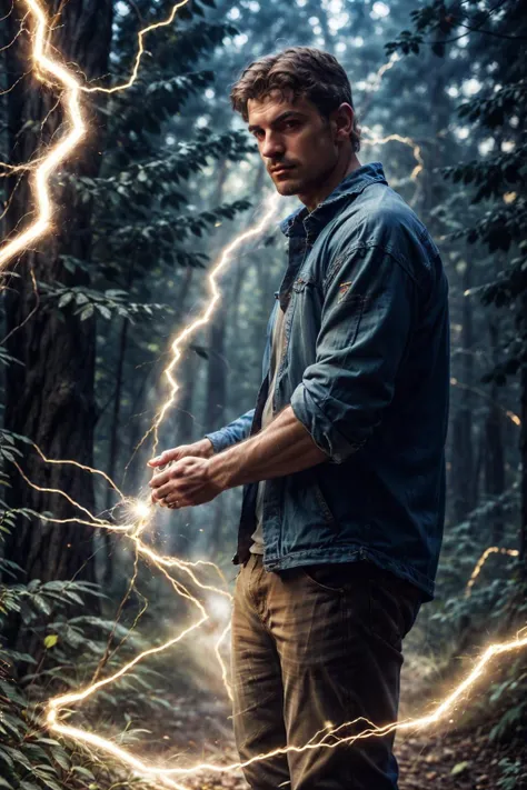 photo of a italian man, thunder-hands, electricity, outdoors, forest, casual clothes, from side, shooting lighting from hands, realistic, masterpiece, intricate details, detailed background, depth of field,