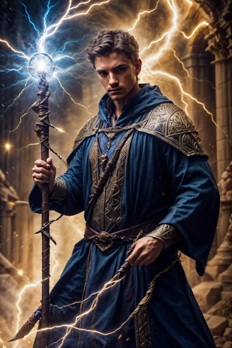 photo of a male european wizard wielding thunder-staff, electricity, holding staff, realistic, masterpiece, intricate details, detailed background, depth of field,