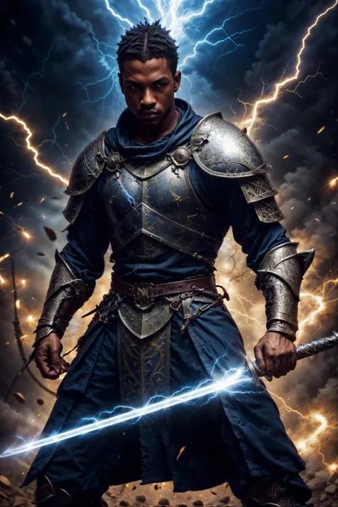 photo of a male african knight wielding thunder-weapon, electricity, holding sword, realistic, masterpiece, intricate details, detailed background, depth of field,
