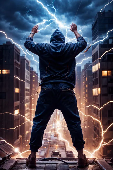 photo of a latino man, thunder-hand, electricity, rooftop, hoodie, pants, hand raised, back, realistic, masterpiece, intricate details, detailed background, depth of field,