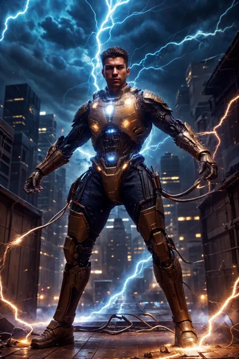 photo of a latino man, thunder-aura, electricity, mech suit, rooftop, swirling electrical energy, realistic, masterpiece, intricate details, detailed background, depth of field,