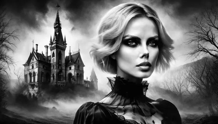 black and white ghotic paint of victorian Charlize Theron  in front of Dracula Castle <lora:GothicPoe:1>