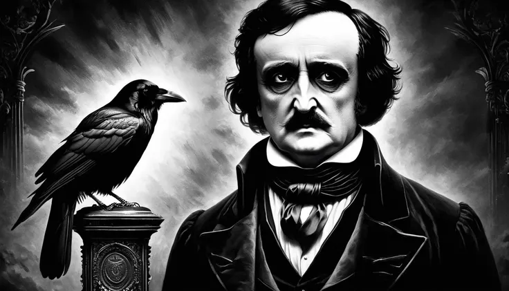 impactful paint of Black & White gothic paint of Edgar Alla Poe near a black raven Raven <lora:Ghotic_Poe__20:0.8>, highly detailed, 8k, sharp, professional, clear, high contrast, high saturated, , vivid deep blacks, crystal clear